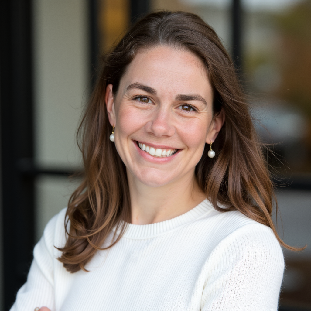 Smiling woman with long brown hair wearing a white sweater.