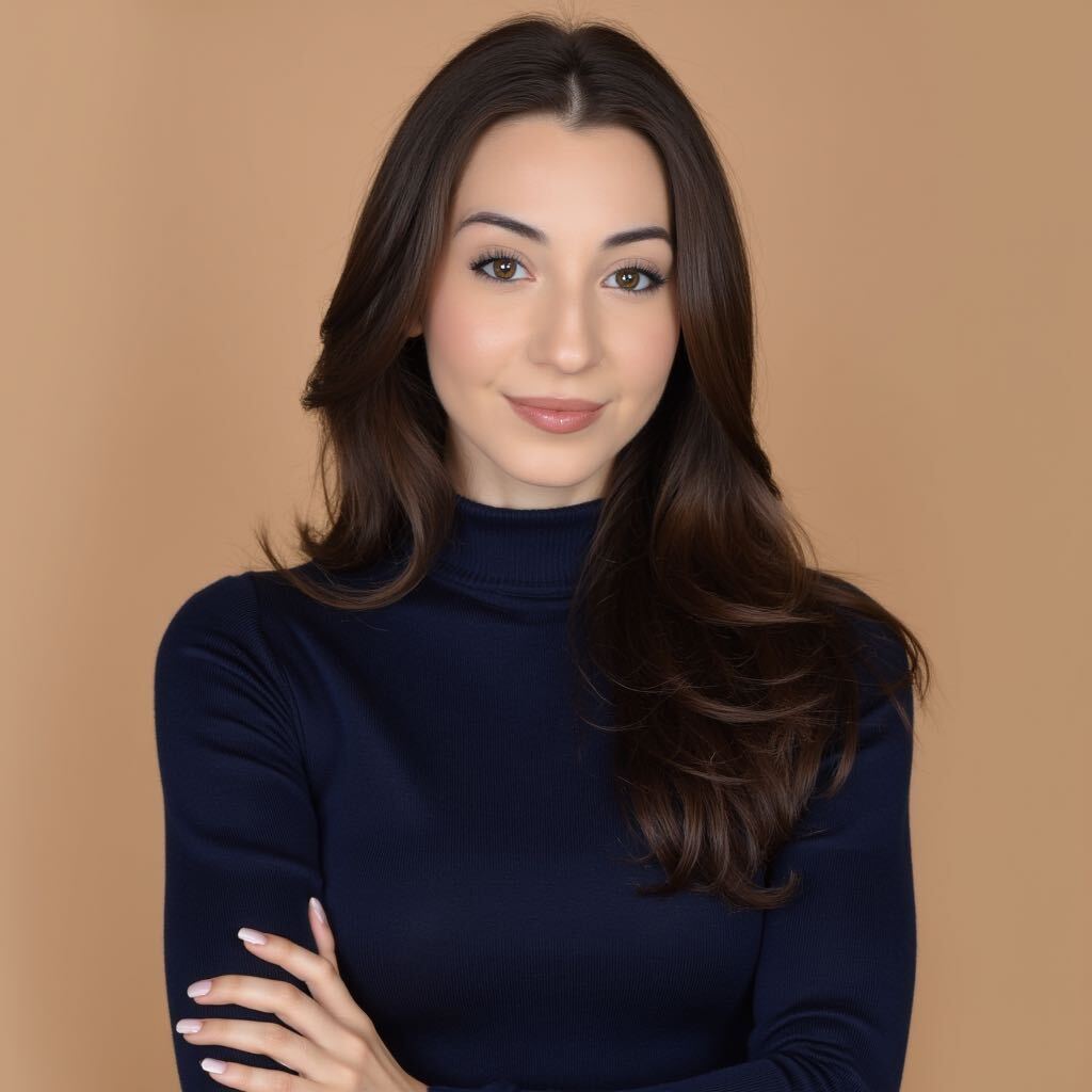 Confident woman with long dark hair in a navy turtleneck against a beige background.